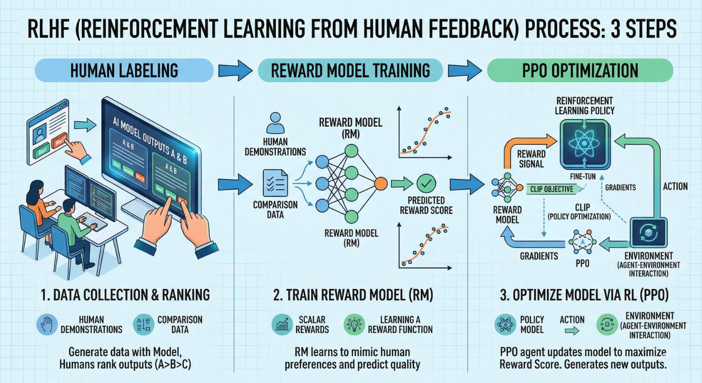 How RLHF Pipeline Works in AI Model Training RLHF vs DPO, LLM fine-tuning, Reinforcement Learning from Human Feedback, Direct Preference Optimization, domain-specific LLM, AI model alignment, AquSag Technologies