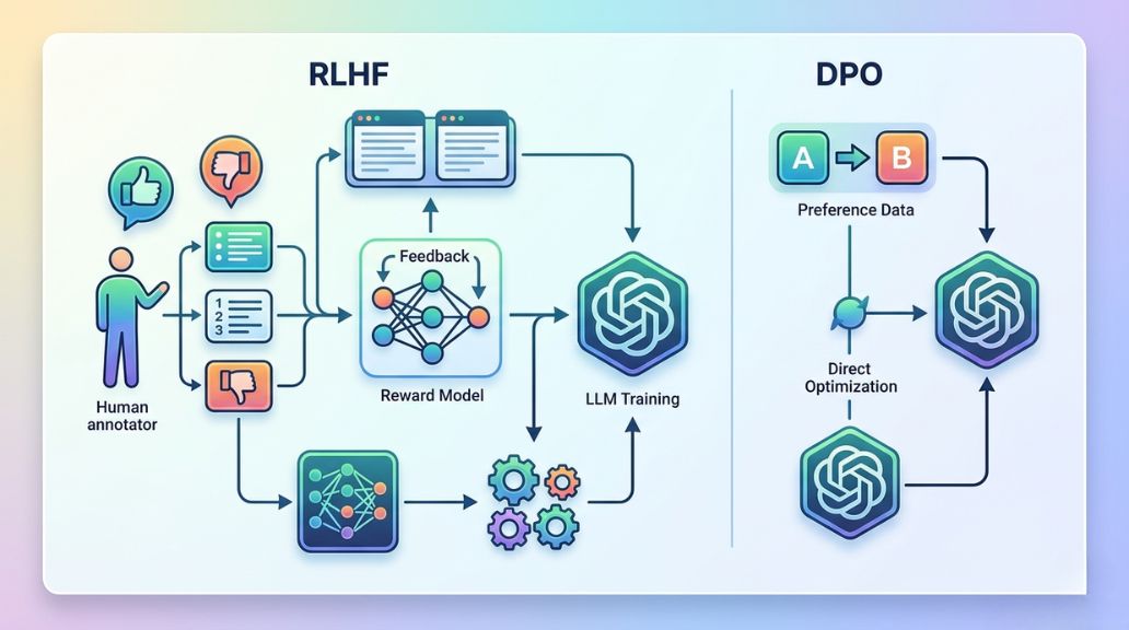 How to Build a Domain-Specific LLM for Business Applications RLHF vs DPO, LLM fine-tuning, Reinforcement Learning from Human Feedback, Direct Preference Optimization, domain-specific LLM, AI model alignment, AquSag Technologies